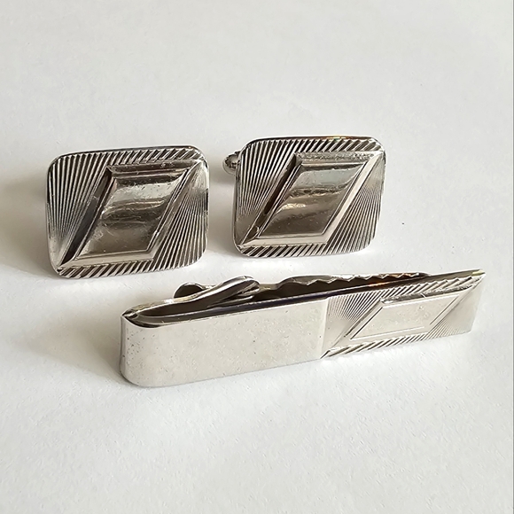 Vintage set cuff links tie clip silver tone geometric rhombus parallelogram - Picture 1 of 14
